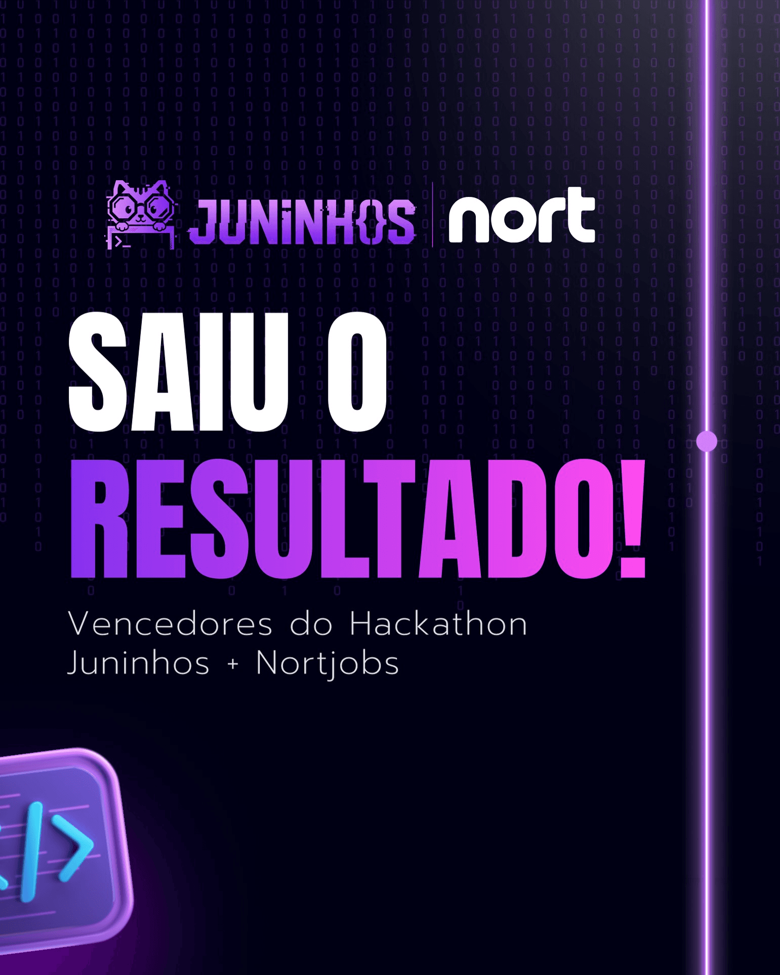 Violett-schwarze Grafik mit den Marken Juninhos und Nort zur Bekanntgabe der Hackathon-Ergebnisse